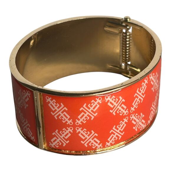 Lands End Orange Enamel White Logo Gold Tone Hinge Bangle Bracelet - Picture 2 of 3
